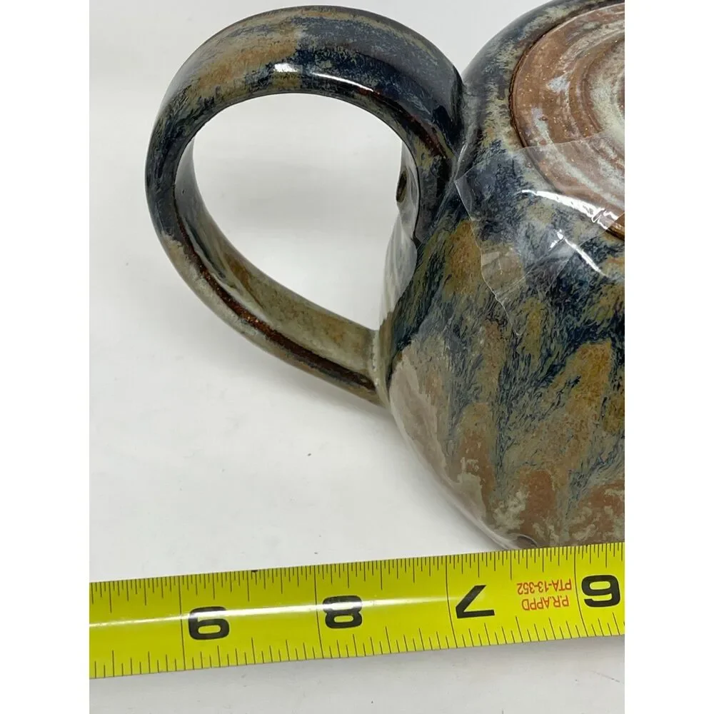 Studio ART Pottery Stoneware TEAPOT Large Handle Brown Drip GLAZE Handmad Signed